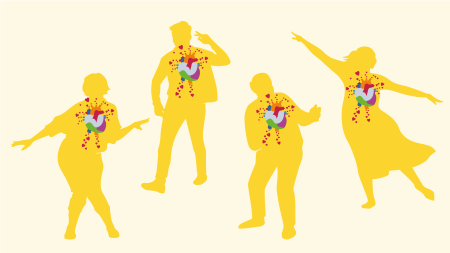 Illustration av fyra helgoppsfigurer i gult med färgglada pumpande hjärtan.