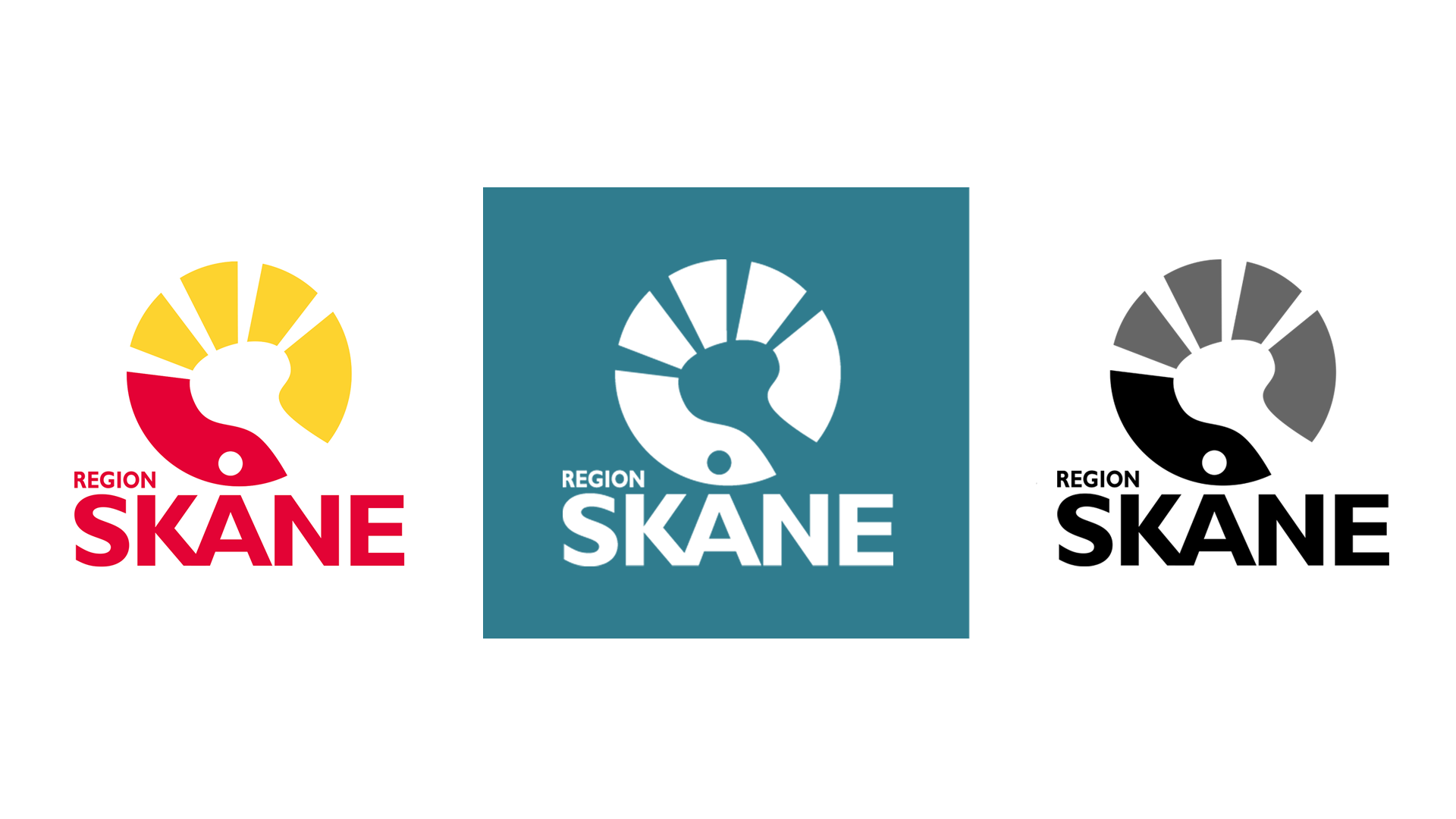 Region Skånes logotyp i tre versioner: fullfärg, vit och svart.
