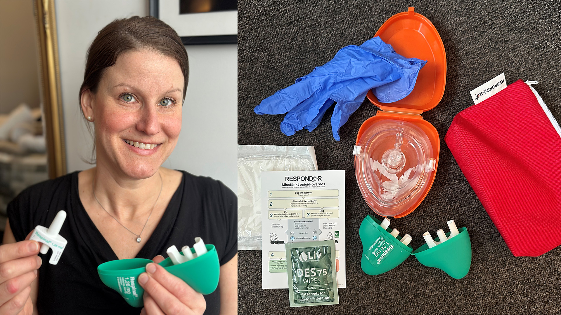 Porträttbild på Anna Ardevi som visar upp naloxonkitet. Samt en närbild på naloxonkitet.