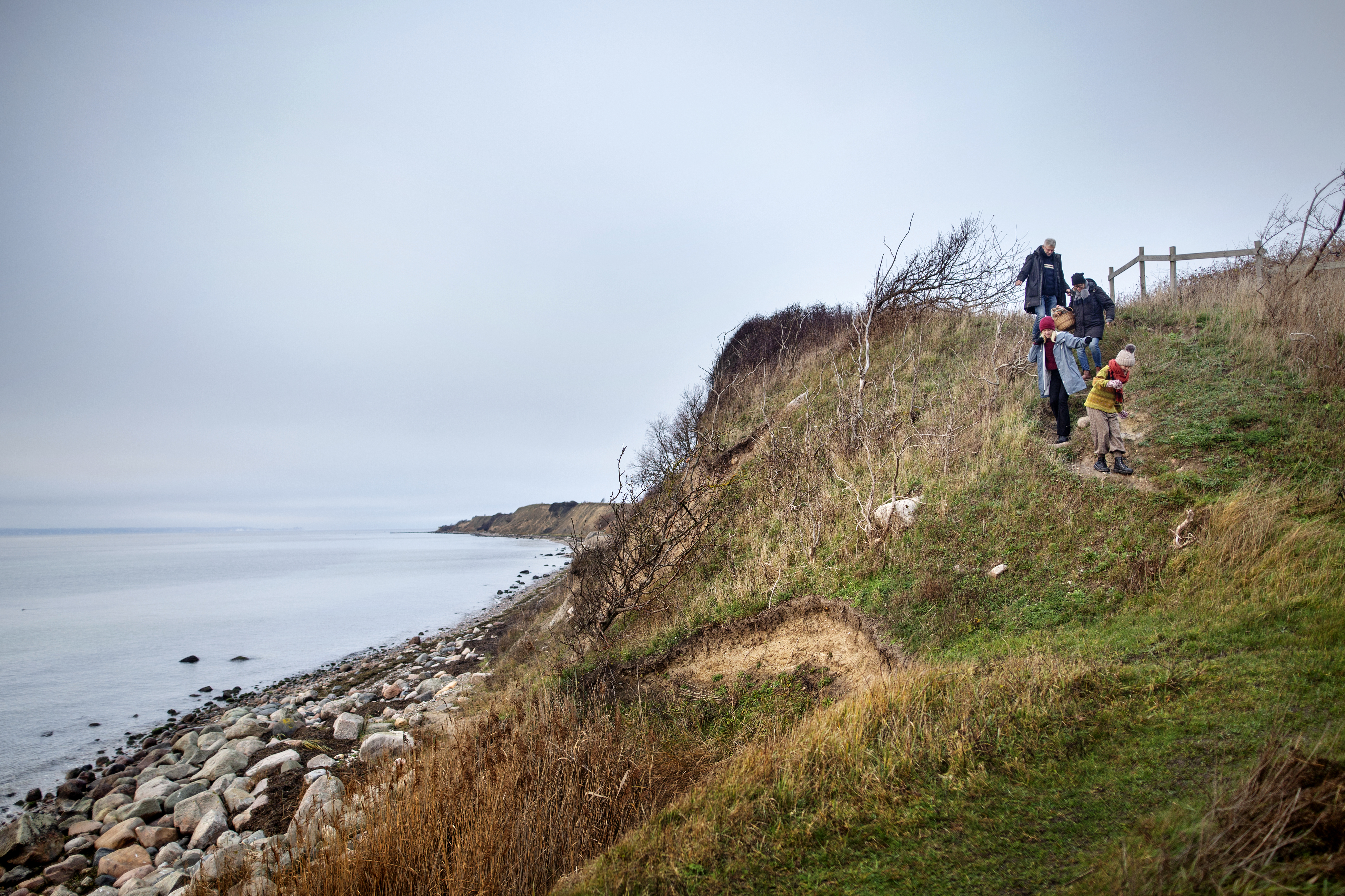 Två vuxna och två barn går längs med en stig vid en backig kust med en picknickkorg.