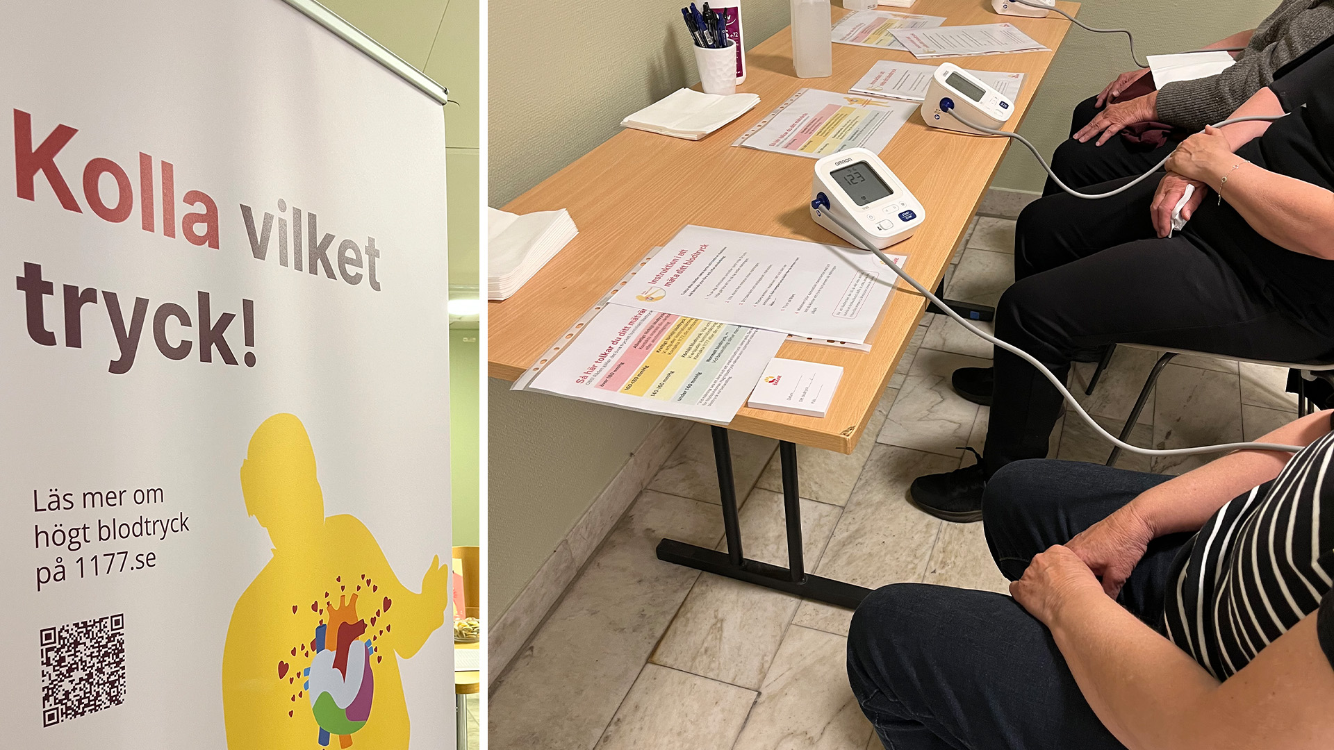 Bildkollage med bild på Kolla vilket tryck-affisch och tre personer som sitter vid ett bord och mäter sitt blodtryck