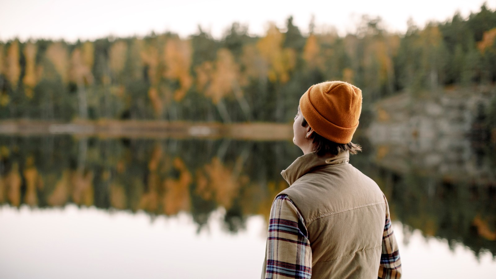 En person står med ryggen vänd mot kameran och blickar ut över en sjö och skog.