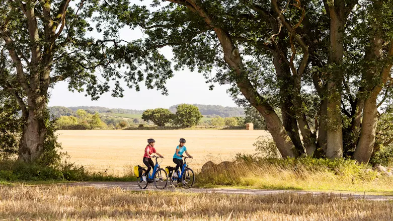 Två unga tjejer cyklar genom ett skånskt sommarlandskap