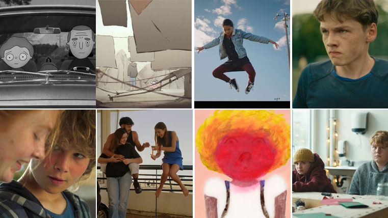 Många bilder med ögonblicksbilder ur åtta olika filmer. Vi ser en tecknad bild i svartvitt på en man och en pojke i en bil, som ser ledsna ut. Lakan på tvättlinor. En ung man som hoppar högt mot en blå himmel. En tonårig kille som ser arg ut. En und tjej och en liten pojke som är nära varandra. Ungdomar på en balkong. En abstrakt bild av en figur med tecknat uppblåst huvud i rött och orange. Dystra barn vid ett köksbord.