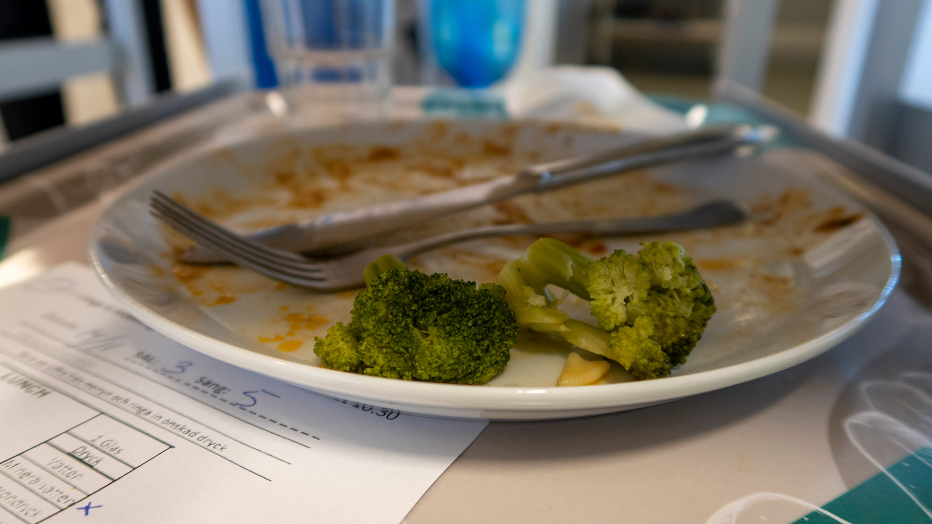 En tallrik med bestick med lite matrester kvar.