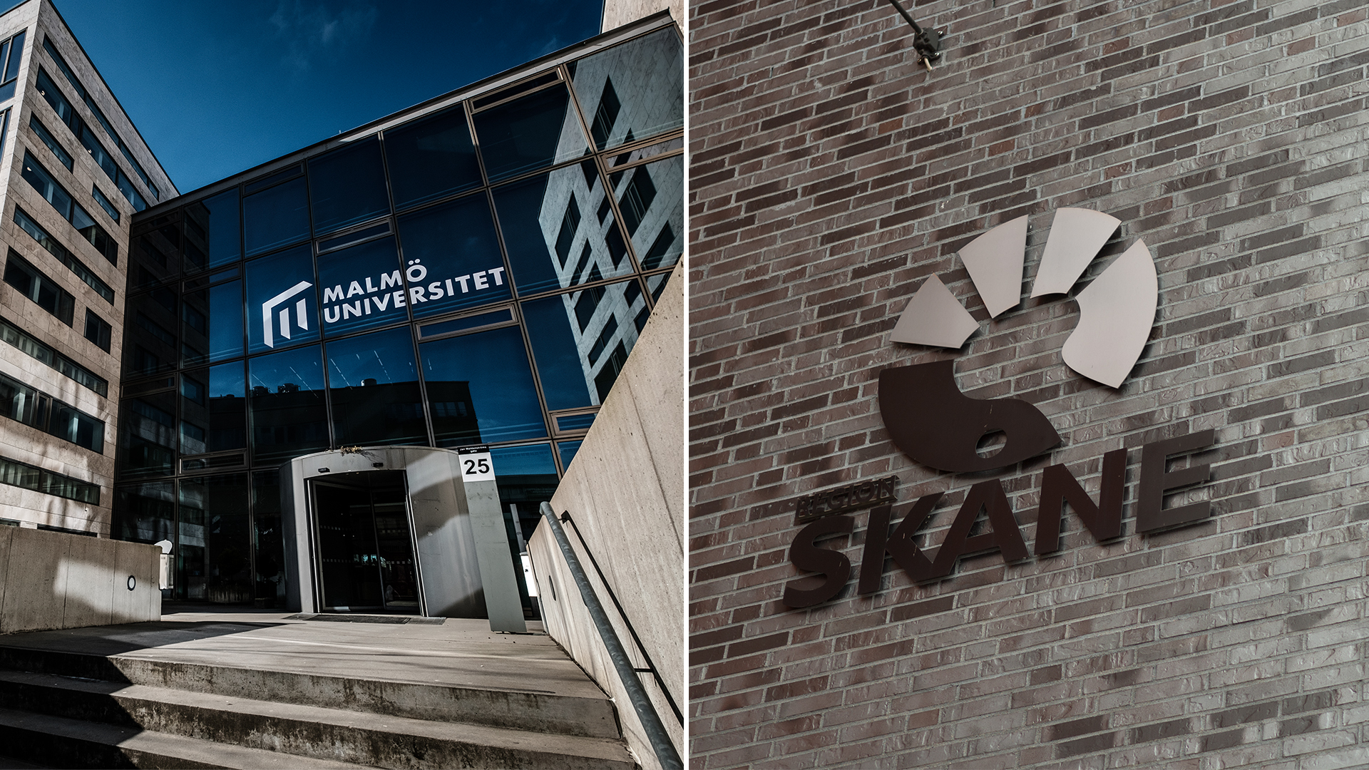 Delad bild på fasade till Malmö universitets-byggnad och fasad prydd med Region Skånes logotyp.