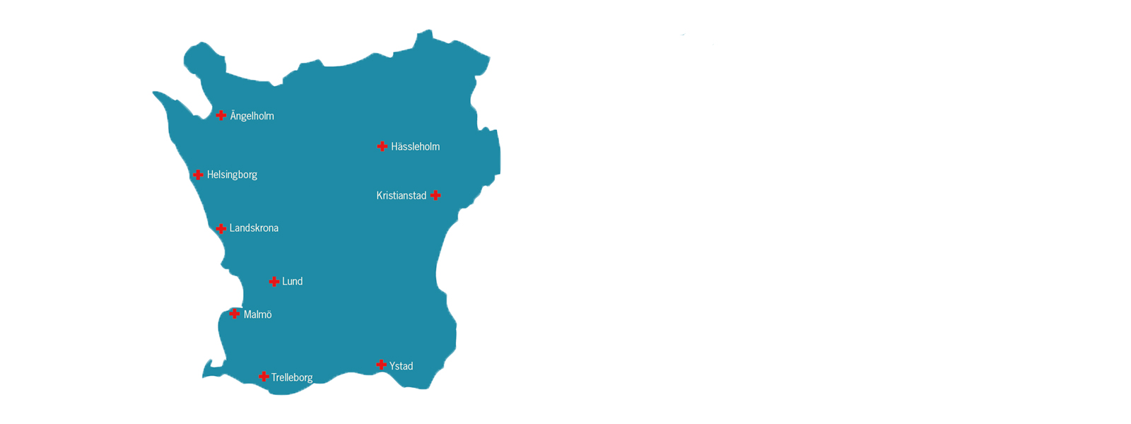 Karta över Skåne med sjukhusen utmärkta.