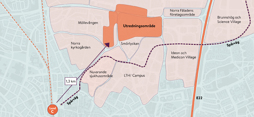 illustrerad karta över en stadskärna där ett område är markerat med texten "utredningsområde"