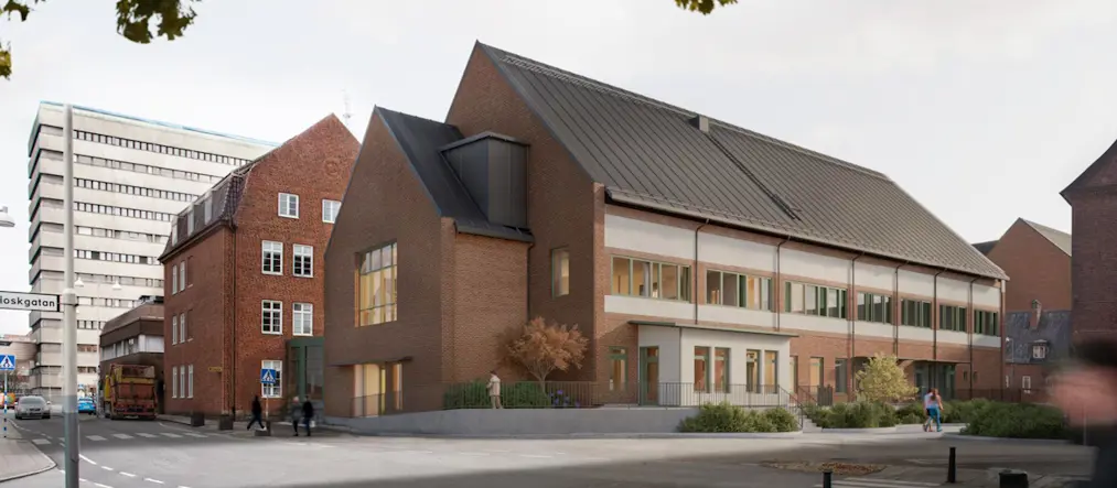 renderad bild av ett tegelhus i en vägkorsning intill flera olika byggnader