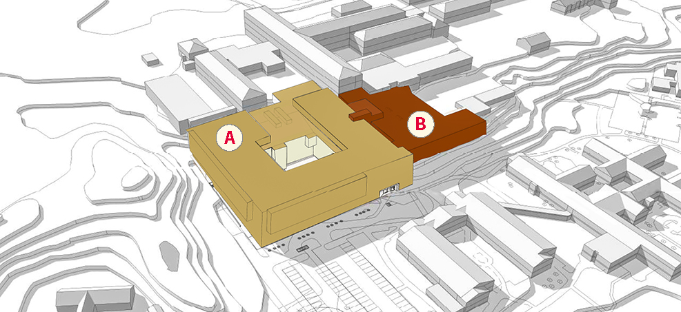 Den nya vårdbyggnaden (A) och servicebyggnaden (B) planeras som en sammanhängande byggnadskropp. Illustration: Krook & Tjäder