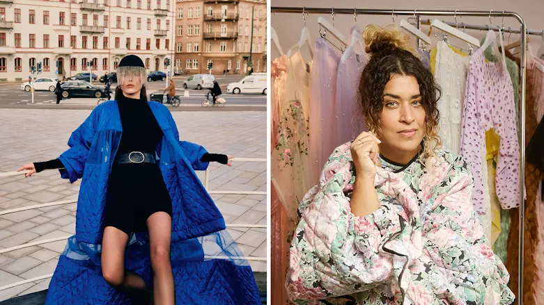 två bilder som ligger bredvid varandra. Vänster bild: en kvinna klädd i en lång blå kappa lutar sig mot ett räcke i stadsmiljö. Höger bild: Linnéa Khalil sitter i sin studio med kläder som hon har skapat hängandes i bakgrunden.