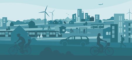 Tecknad bild av stadslandskap med cyklar, bil, buss och tåg.