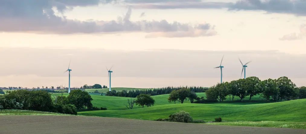 Vindkraftverk i grönskande miljö.