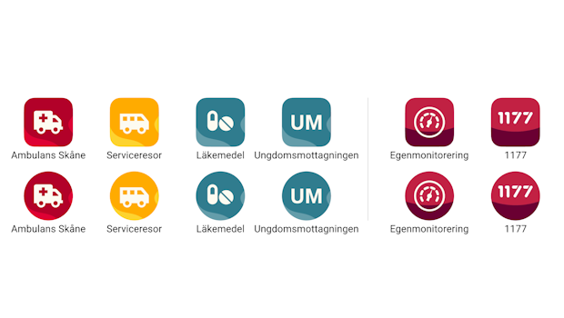 Exempel på appikoner med Region Skånes visuella identitet till vänster, och 1177:s visuella identitet till höger.