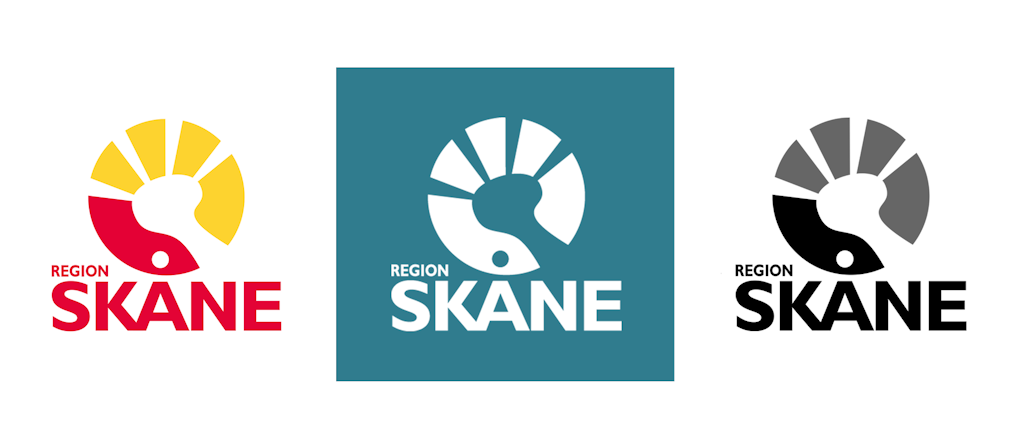 Region Skånes logotyp i tre versioner: fullfärg, vit och svart.